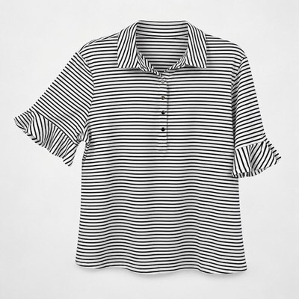 Chicos Snap Polo Shirt Size XL Bell 3/4 Sleeve Blue White Striped Top Pullover